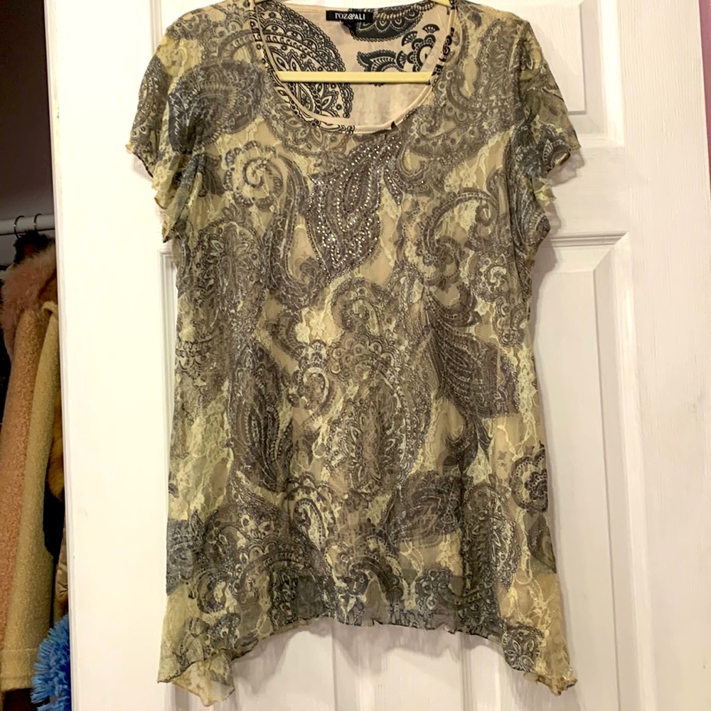 Lace over shirt paisley print top tan and grey